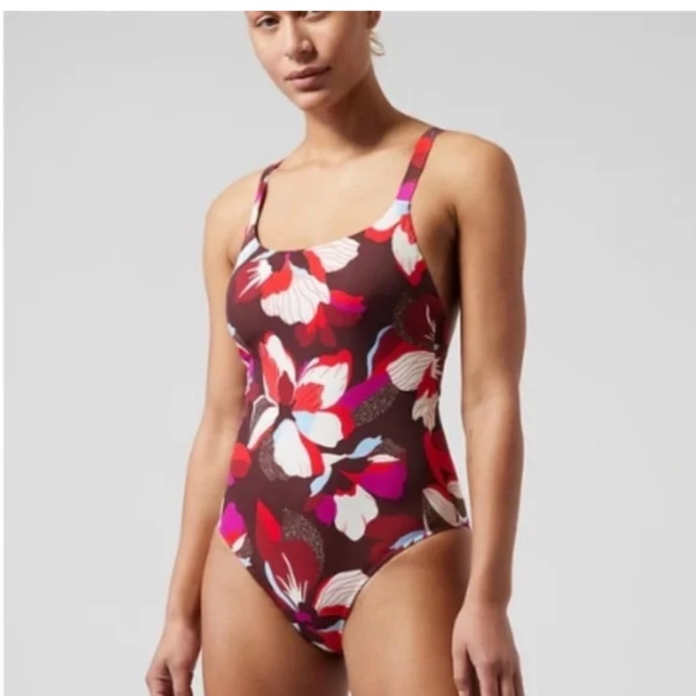 Athleta Hermosa‎ floral one piece swimsuit dark red size L NWT